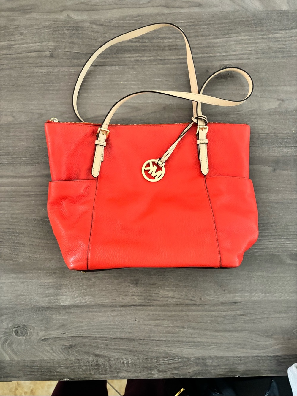 Michael Kors Red Leather Tote with Gold MK Charm and Cream Straps